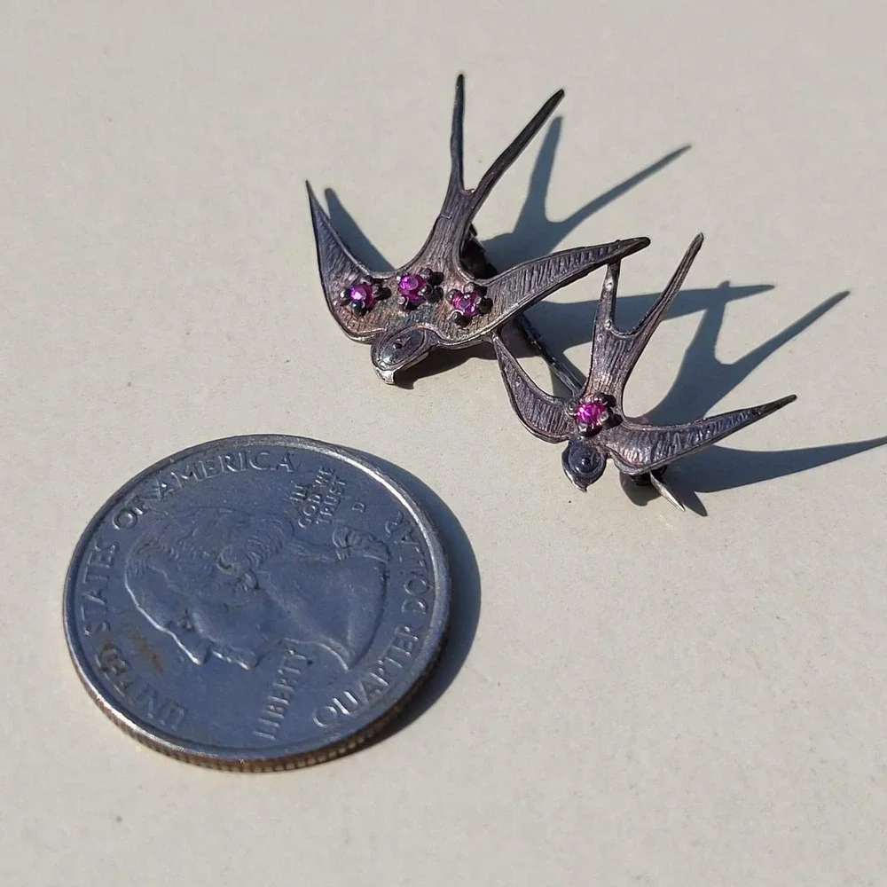 Vintage Victorian Sterling Silver Swallow Bird Brooch Ruby Stone Antique